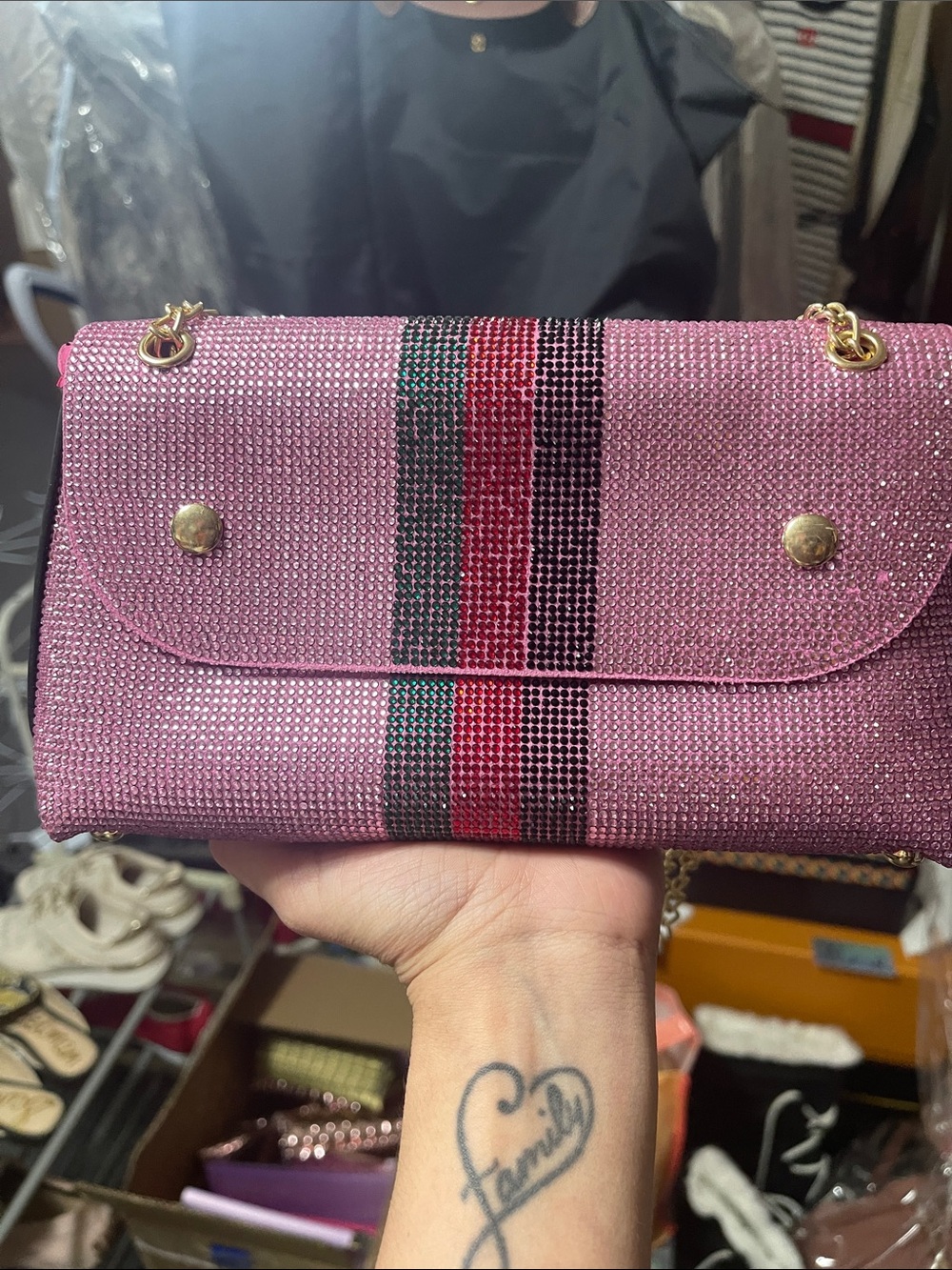 JustFab Pink Rhinestone Shoulder Clutch with Striped Accent
